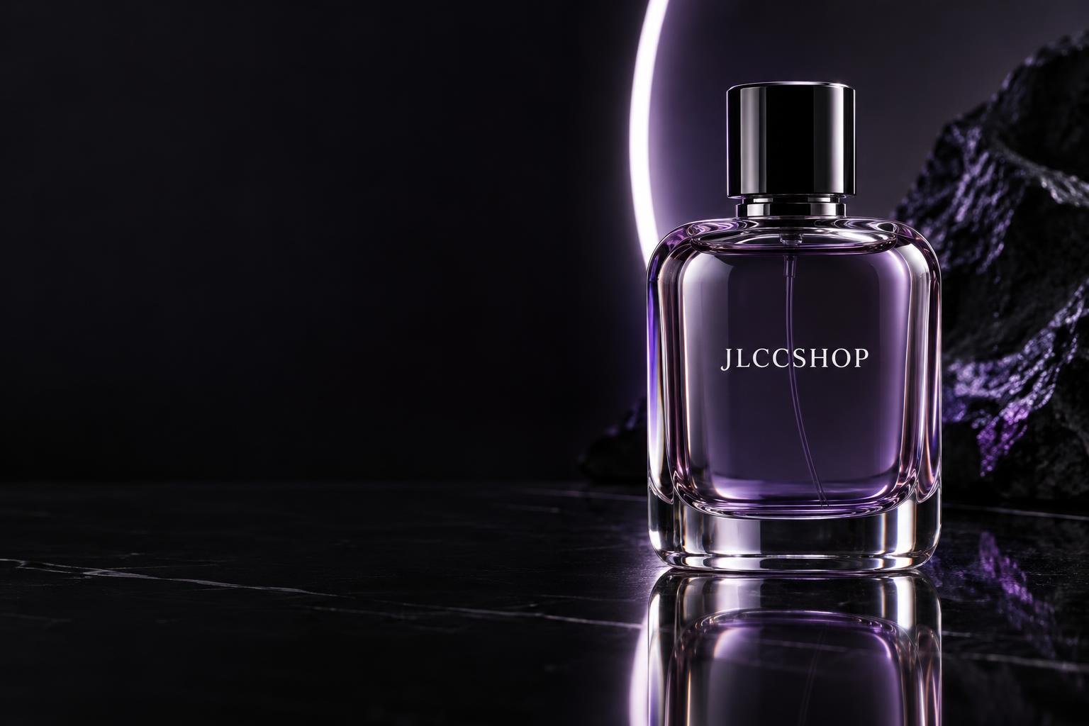 Custom JLCCSHOP cologne bottle with purple-lit glass on a black reflective surface